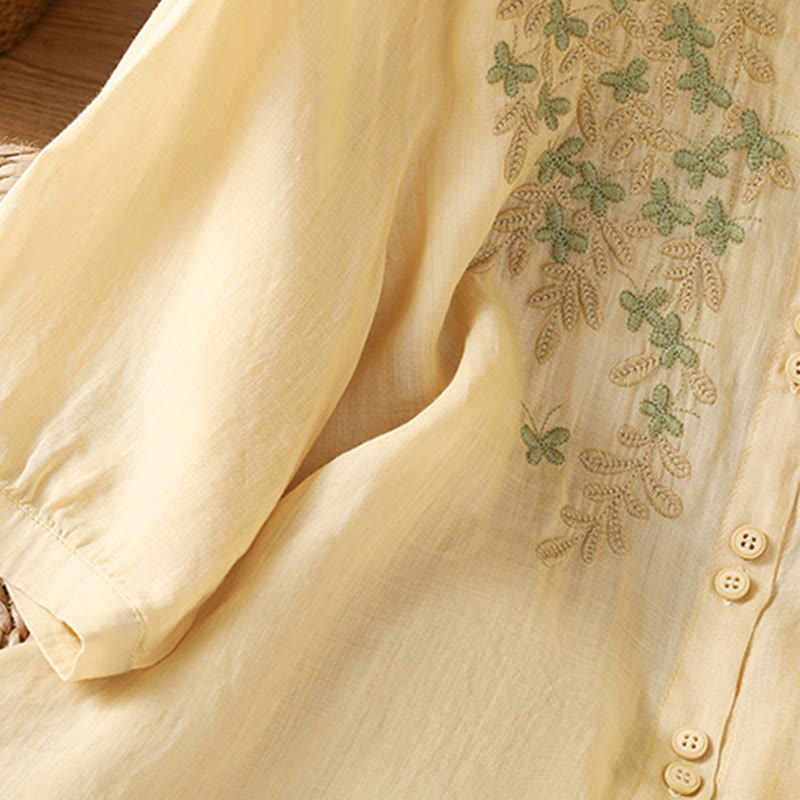 Koszula damska z mieszanki bawełny z haftem roślinnym i kołnierzykiem typu stójka Buddha Stones z rękawem trzy czwarte