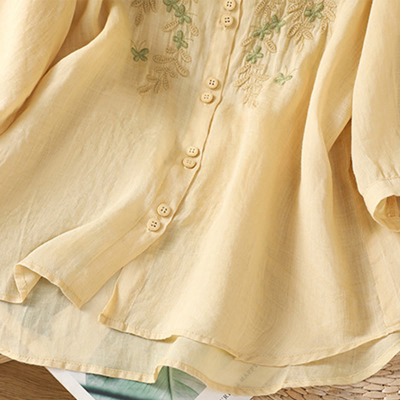 Koszula damska z mieszanki bawełny z haftem roślinnym i kołnierzykiem typu stójka Buddha Stones z rękawem trzy czwarte