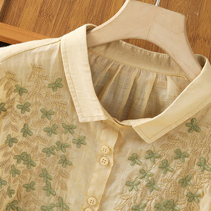 Koszula damska z mieszanki bawełny z haftem roślinnym i kołnierzykiem typu stójka Buddha Stones z rękawem trzy czwarte - image 19