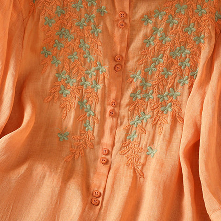 Koszula damska z mieszanki bawełny z haftem roślinnym i kołnierzykiem typu stójka Buddha Stones z rękawem trzy czwarte