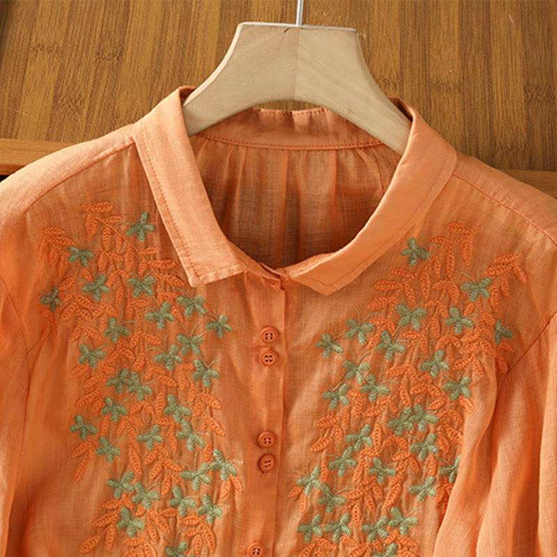 Koszula damska z mieszanki bawełny z haftem roślinnym i kołnierzykiem typu stójka Buddha Stones z rękawem trzy czwarte