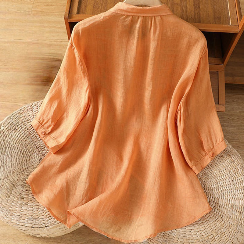 Koszula damska z mieszanki bawełny z haftem roślinnym i kołnierzykiem typu stójka Buddha Stones z rękawem trzy czwarte