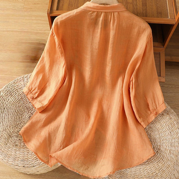 Koszula damska z mieszanki bawełny z haftem roślinnym i kołnierzykiem typu stójka Buddha Stones z rękawem trzy czwarte