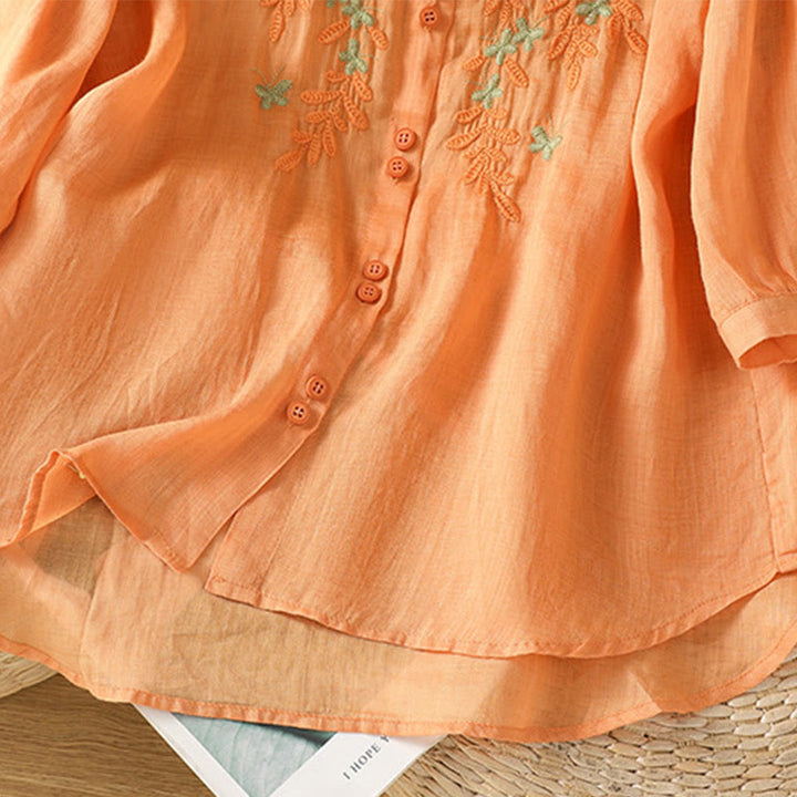 Koszula damska z mieszanki bawełny z haftem roślinnym i kołnierzykiem typu stójka Buddha Stones z rękawem trzy czwarte