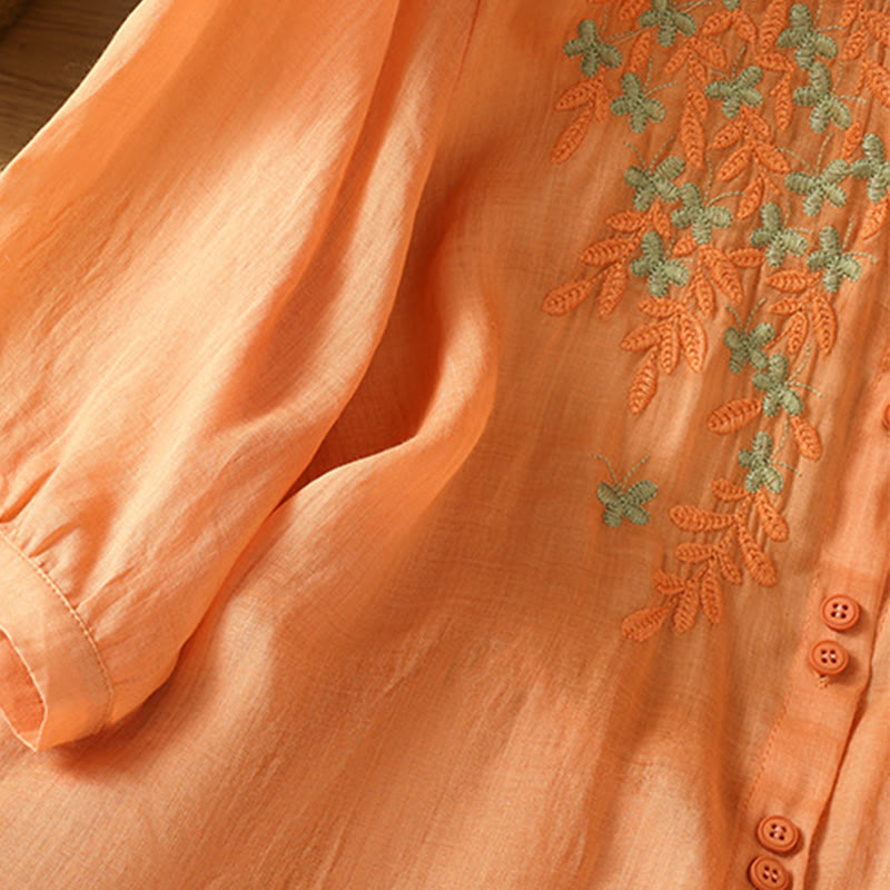 Koszula damska z mieszanki bawełny z haftem roślinnym i kołnierzykiem typu stójka Buddha Stones z rękawem trzy czwarte - image 30