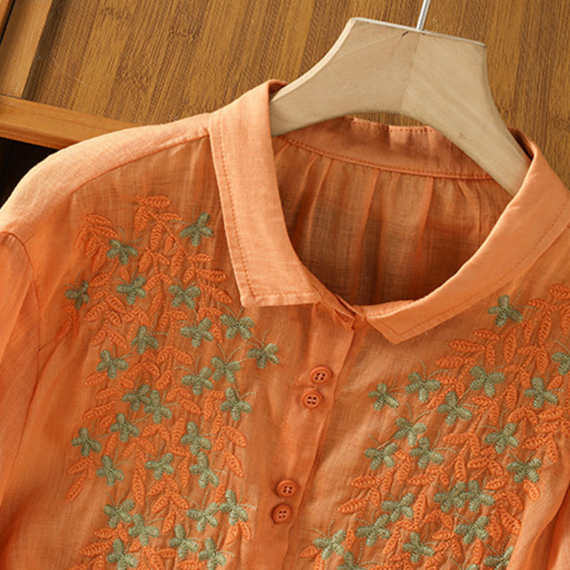 Koszula damska z mieszanki bawełny z haftem roślinnym i kołnierzykiem typu stójka Buddha Stones z rękawem trzy czwarte - image 29