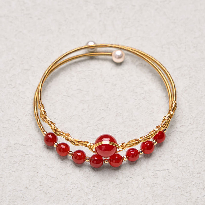 Buddha Stones 14K Złoto Wypełnione Miedzią Naturalne Czerwone Agaty Koraliki Pewność Metalowa Bransoletka Mankietowa Bangle