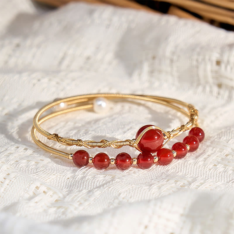 Buddha Stones 14K Złoto Wypełnione Miedzią Naturalne Czerwone Agaty Koraliki Pewność Metalowa Bransoletka Mankietowa Bangle