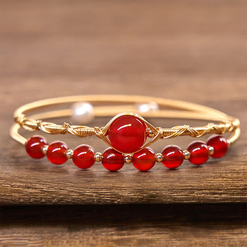 Buddha Stones 14K Złoto Wypełnione Miedzią Naturalne Czerwone Agaty Koraliki Pewność Metalowa Bransoletka Mankietowa Bangle