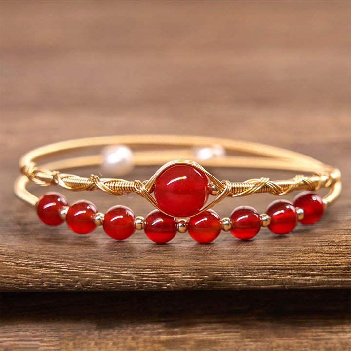 Buddha Stones 14K Złoto Wypełnione Miedzią Naturalne Czerwone Agaty Koraliki Pewność Metalowa Bransoletka Mankietowa Bangle