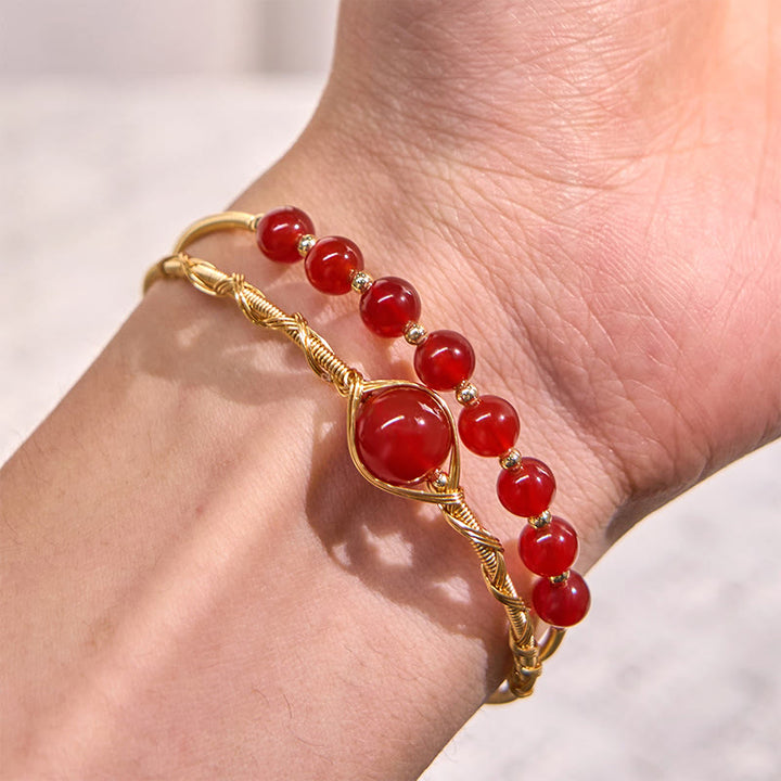Buddha Stones 14K Złoto Wypełnione Miedzią Naturalne Czerwone Agaty Koraliki Pewność Metalowa Bransoletka Mankietowa Bangle