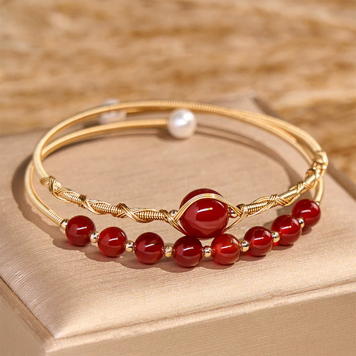 Buddha Stones 14K Złoto Wypełnione Miedzią Naturalne Czerwone Agaty Koraliki Pewność Metalowa Bransoletka Mankietowa Bangle