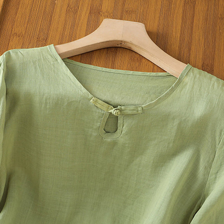 Koszula damska z krótkim rękawem i okrągłym dekoltem z haftem kwiatowym Buddha Stones Frog-Button Polyester Half Sleeve - image 3