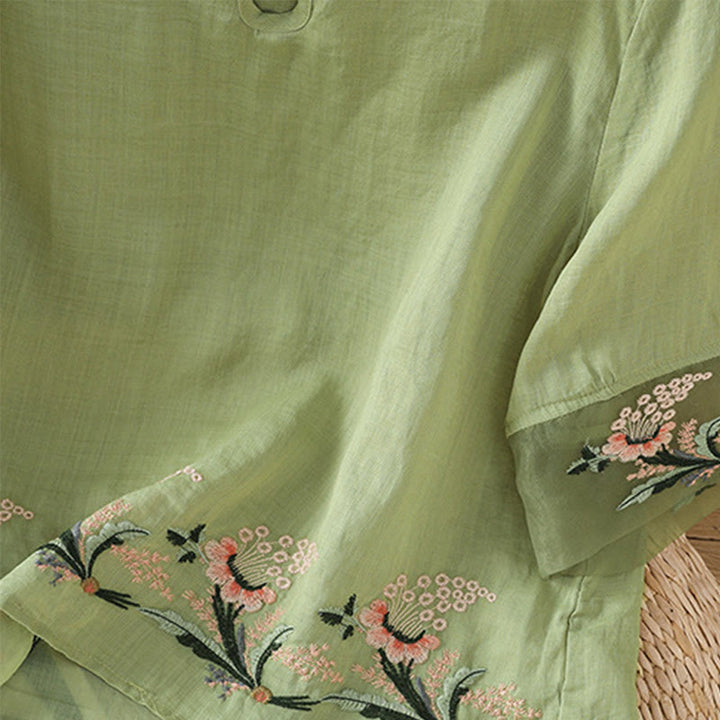 Koszula damska z krótkim rękawem i okrągłym dekoltem z haftem kwiatowym Buddha Stones Frog-Button Polyester Half Sleeve