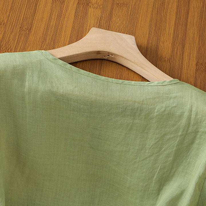 Koszula damska z krótkim rękawem i okrągłym dekoltem z haftem kwiatowym Buddha Stones Frog-Button Polyester Half Sleeve - image 4