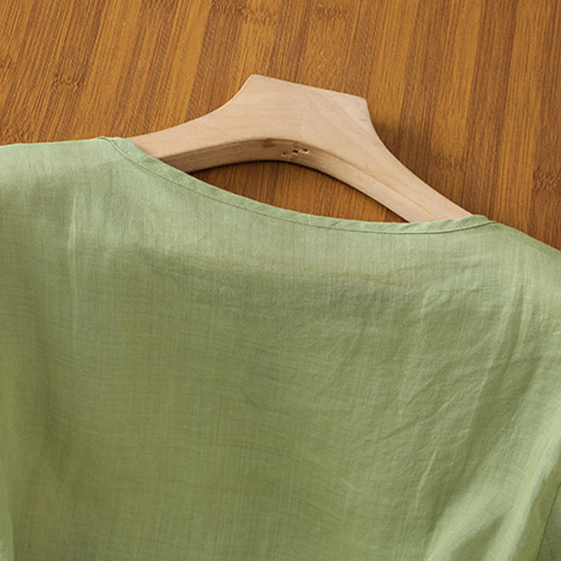 Koszula damska z krótkim rękawem i okrągłym dekoltem z haftem kwiatowym Buddha Stones Frog-Button Polyester Half Sleeve