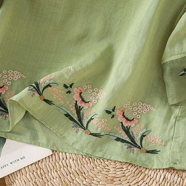 Koszula damska z krótkim rękawem i okrągłym dekoltem z haftem kwiatowym Buddha Stones Frog-Button Polyester Half Sleeve - image 5