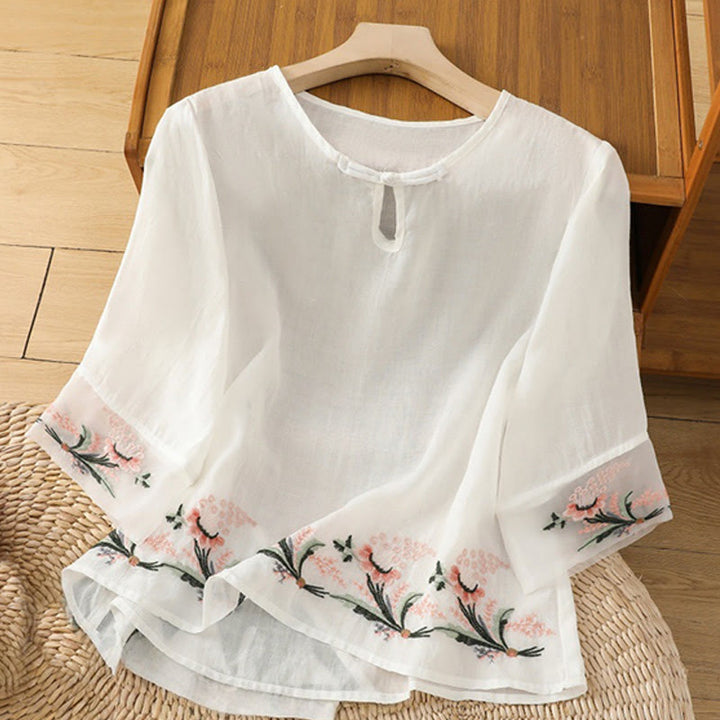 Koszula damska z krótkim rękawem i okrągłym dekoltem z haftem kwiatowym Buddha Stones Frog-Button Polyester Half Sleeve - Biały - US8-10，UK/AU12-14，EU40-42 (2XL) - image 6