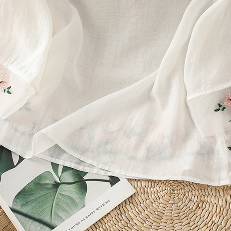 Koszula damska z krótkim rękawem i okrągłym dekoltem z haftem kwiatowym Buddha Stones Frog-Button Polyester Half Sleeve - image 11