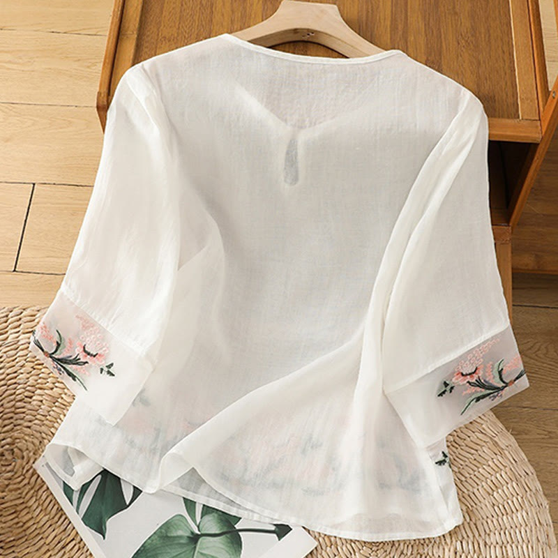 Koszula damska z krótkim rękawem i okrągłym dekoltem z haftem kwiatowym Buddha Stones Frog-Button Polyester Half Sleeve