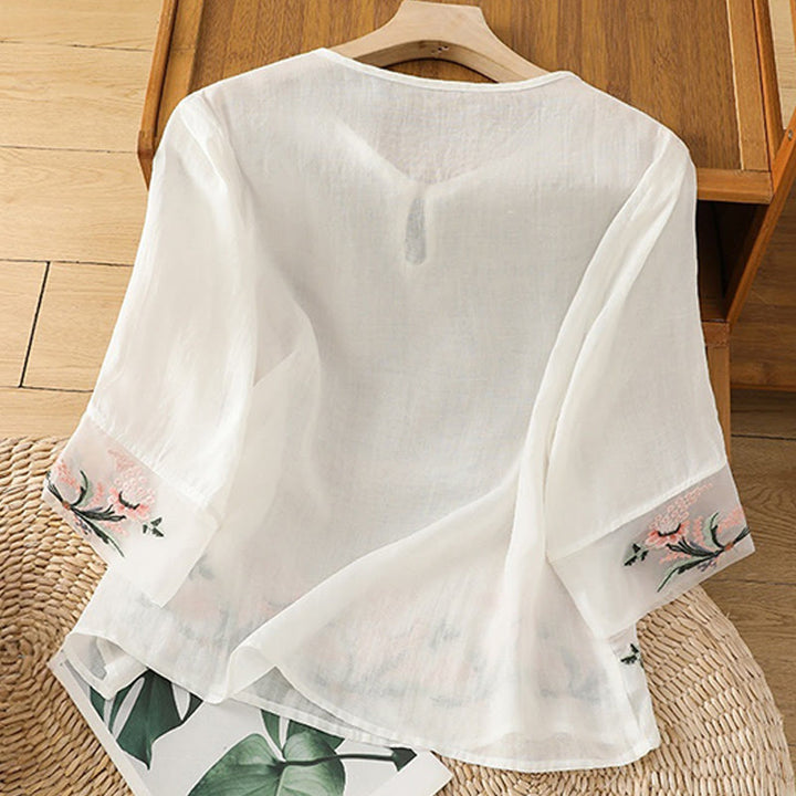 Koszula damska z krótkim rękawem i okrągłym dekoltem z haftem kwiatowym Buddha Stones Frog-Button Polyester Half Sleeve