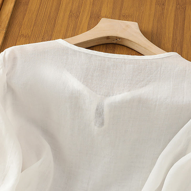 Koszula damska z krótkim rękawem i okrągłym dekoltem z haftem kwiatowym Buddha Stones Frog-Button Polyester Half Sleeve