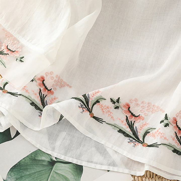 Koszula damska z krótkim rękawem i okrągłym dekoltem z haftem kwiatowym Buddha Stones Frog-Button Polyester Half Sleeve - image 13