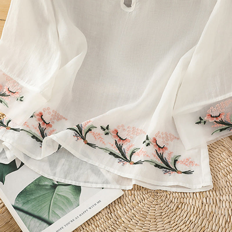 Koszula damska z krótkim rękawem i okrągłym dekoltem z haftem kwiatowym Buddha Stones Frog-Button Polyester Half Sleeve - image 12