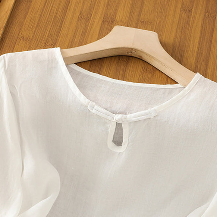 Koszula damska z krótkim rękawem i okrągłym dekoltem z haftem kwiatowym Buddha Stones Frog-Button Polyester Half Sleeve - image 8