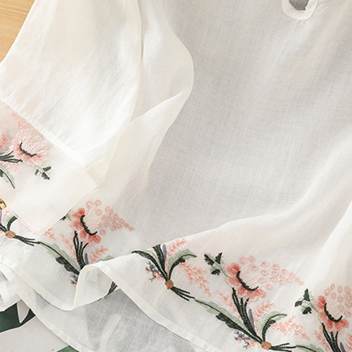 Koszula damska z krótkim rękawem i okrągłym dekoltem z haftem kwiatowym Buddha Stones Frog-Button Polyester Half Sleeve