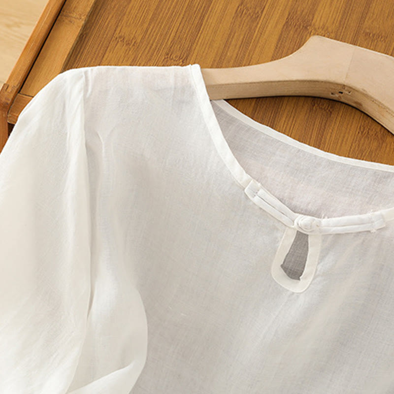 Koszula damska z krótkim rękawem i okrągłym dekoltem z haftem kwiatowym Buddha Stones Frog-Button Polyester Half Sleeve - image 10