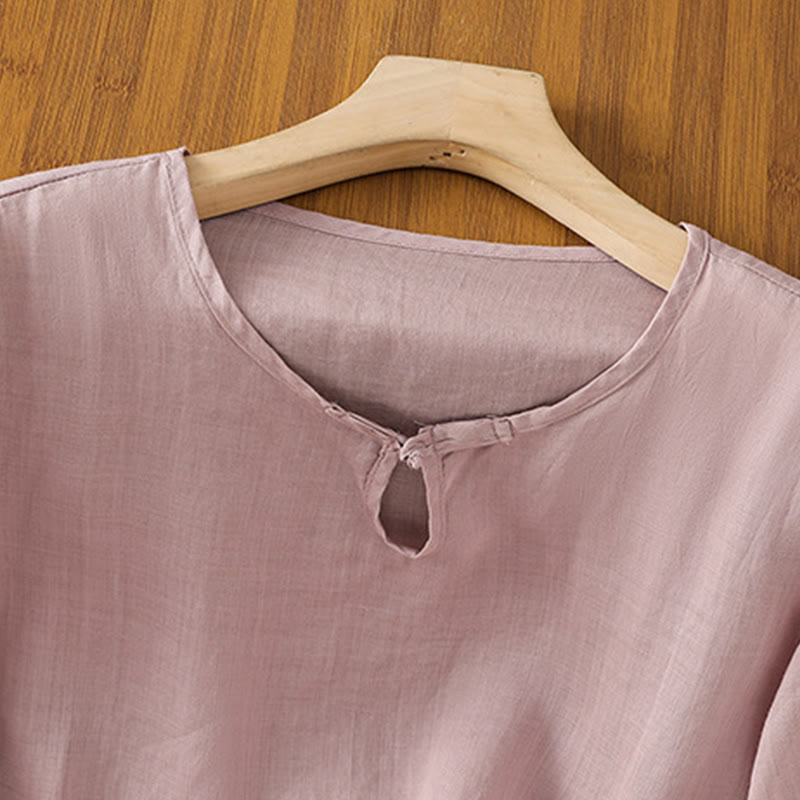 Koszula damska z krótkim rękawem i okrągłym dekoltem z haftem kwiatowym Buddha Stones Frog-Button Polyester Half Sleeve - image 19