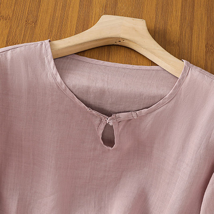 Koszula damska z krótkim rękawem i okrągłym dekoltem z haftem kwiatowym Buddha Stones Frog-Button Polyester Half Sleeve - image 19