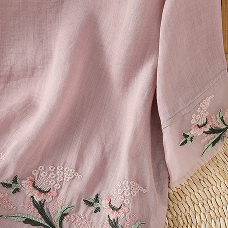 Koszula damska z krótkim rękawem i okrągłym dekoltem z haftem kwiatowym Buddha Stones Frog-Button Polyester Half Sleeve