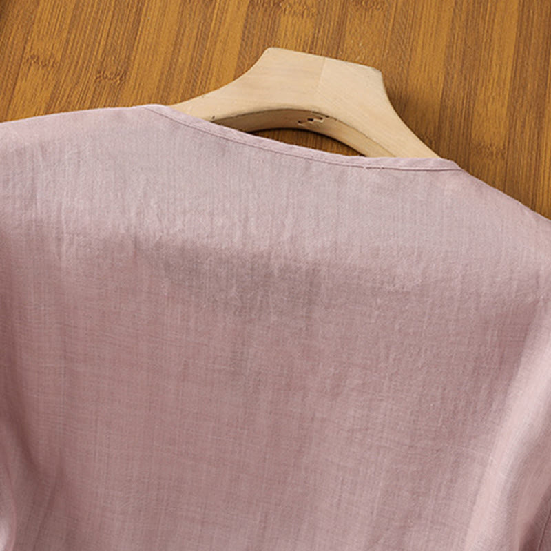 Koszula damska z krótkim rękawem i okrągłym dekoltem z haftem kwiatowym Buddha Stones Frog-Button Polyester Half Sleeve - image 18