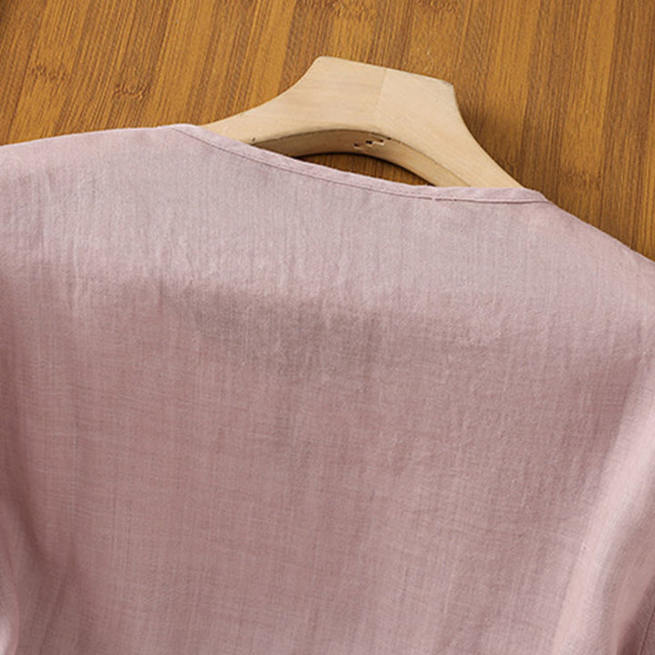 Koszula damska z krótkim rękawem i okrągłym dekoltem z haftem kwiatowym Buddha Stones Frog-Button Polyester Half Sleeve - image 18