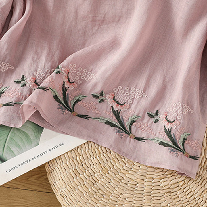 Koszula damska z krótkim rękawem i okrągłym dekoltem z haftem kwiatowym Buddha Stones Frog-Button Polyester Half Sleeve - image 17