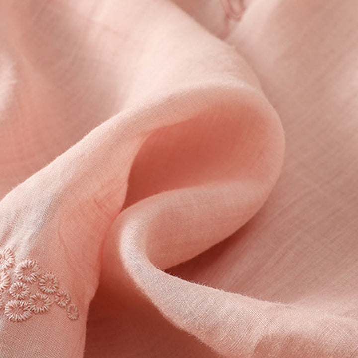 Koszula damska z krótkim rękawem i okrągłym dekoltem z haftem kwiatowym Buddha Stones Frog-Button Polyester Half Sleeve