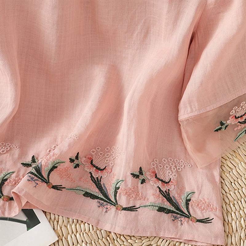 Koszula damska z krótkim rękawem i okrągłym dekoltem z haftem kwiatowym Buddha Stones Frog-Button Polyester Half Sleeve - image 26