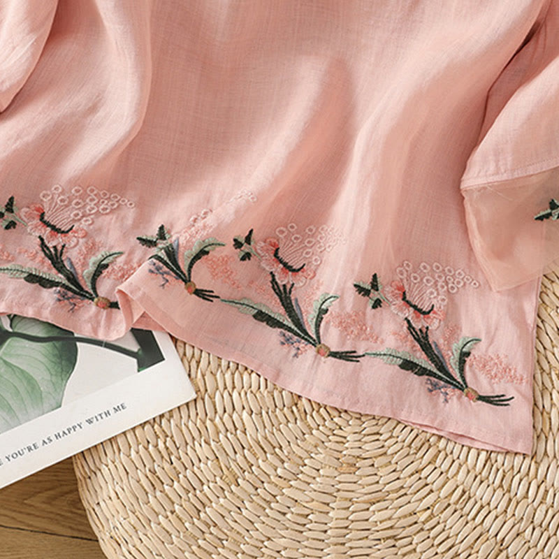 Koszula damska z krótkim rękawem i okrągłym dekoltem z haftem kwiatowym Buddha Stones Frog-Button Polyester Half Sleeve - image 27