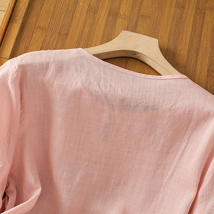 Koszula damska z krótkim rękawem i okrągłym dekoltem z haftem kwiatowym Buddha Stones Frog-Button Polyester Half Sleeve