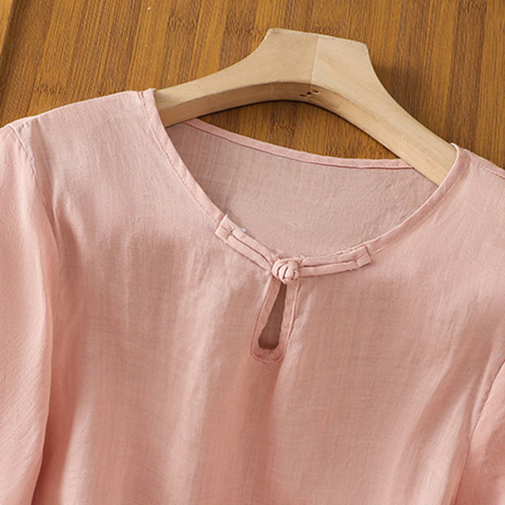 Koszula damska z krótkim rękawem i okrągłym dekoltem z haftem kwiatowym Buddha Stones Frog-Button Polyester Half Sleeve - image 24