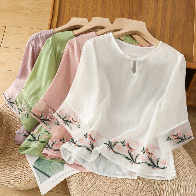 Koszula damska z krótkim rękawem i okrągłym dekoltem z haftem kwiatowym Buddha Stones Frog-Button Polyester Half Sleeve