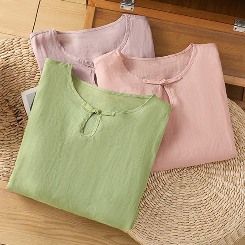 Koszula damska z krótkim rękawem i okrągłym dekoltem z haftem kwiatowym Buddha Stones Frog-Button Polyester Half Sleeve - image 29