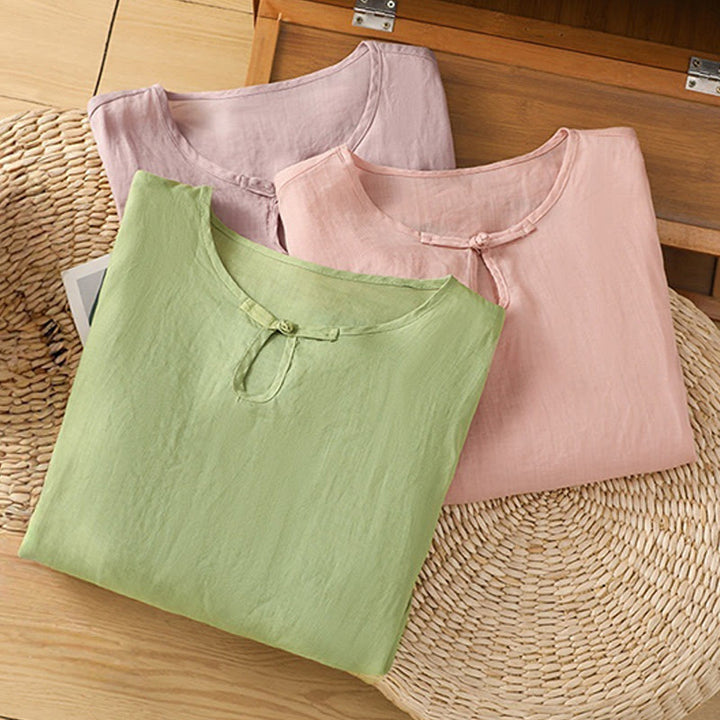 Koszula damska z krótkim rękawem i okrągłym dekoltem z haftem kwiatowym Buddha Stones Frog-Button Polyester Half Sleeve - image 29