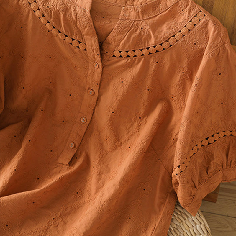 Koszula damska z bawełny i lnu z krótkim rękawem Buddha Stones Casual Plain Hollow Notched - image 4