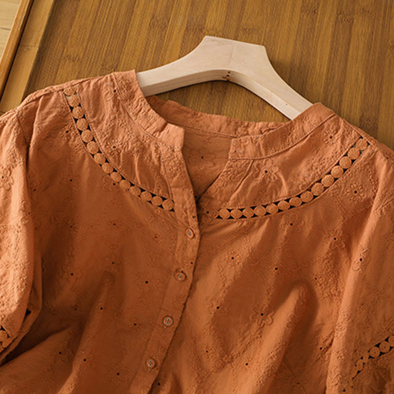 Koszula damska z bawełny i lnu z krótkim rękawem Buddha Stones Casual Plain Hollow Notched - image 2