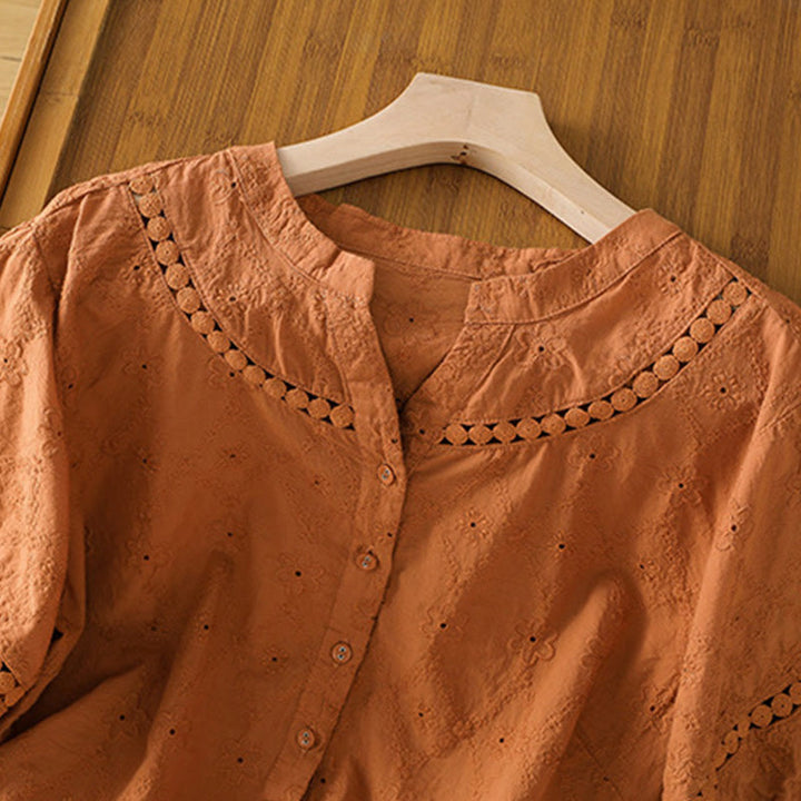 Koszula damska z bawełny i lnu z krótkim rękawem Buddha Stones Casual Plain Hollow Notched - image 2