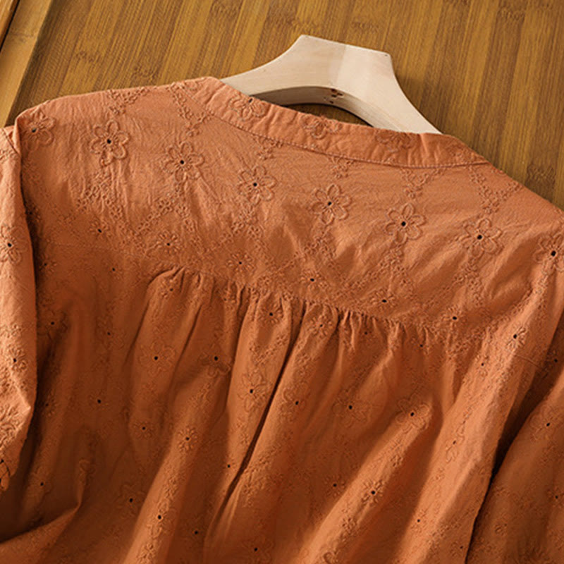 Koszula damska z bawełny i lnu z krótkim rękawem Buddha Stones Casual Plain Hollow Notched - image 3