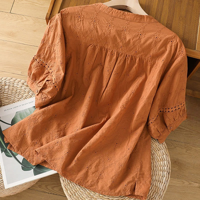 Koszula damska z bawełny i lnu z krótkim rękawem Buddha Stones Casual Plain Hollow Notched - image 1